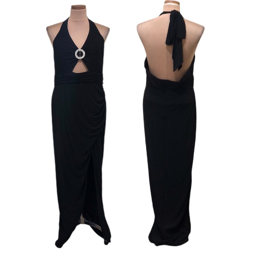 NWT Mac Duggal Maxi Dress Size 14W Black Cut Out Rhinestone Gown